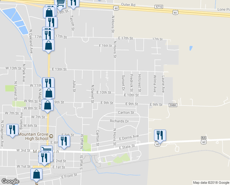 map of restaurants, bars, coffee shops, grocery stores, and more near 798 East 10th Street in Mountain Grove