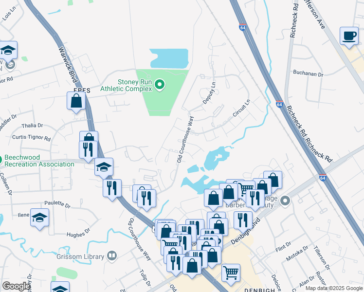 map of restaurants, bars, coffee shops, grocery stores, and more near 405 Hustings Lane in Newport News