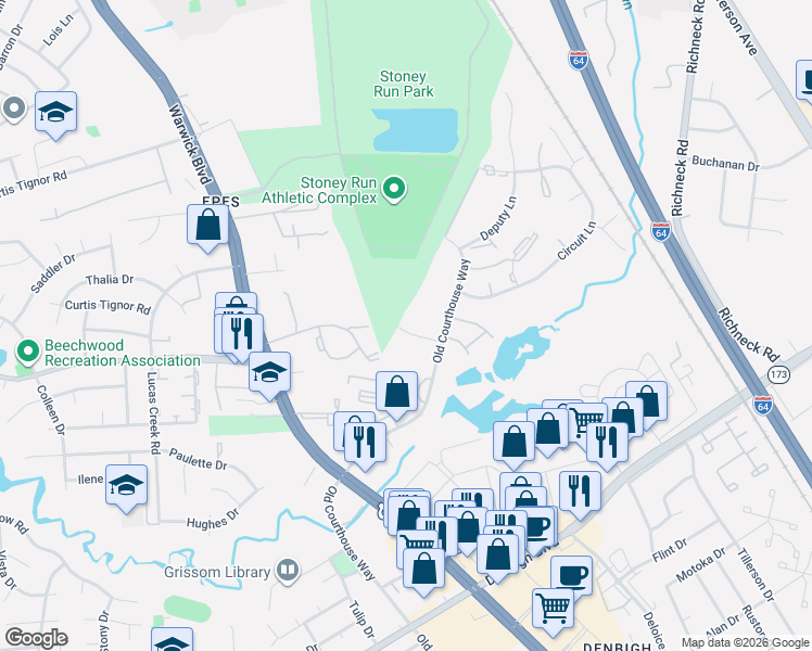 map of restaurants, bars, coffee shops, grocery stores, and more near 417 Hustings Lane in Newport News