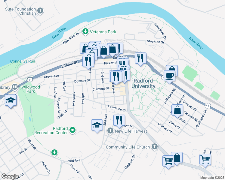 map of restaurants, bars, coffee shops, grocery stores, and more near 1028 1st Avenue in Radford