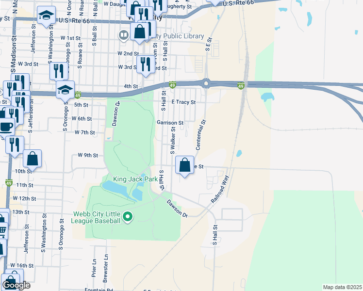 map of restaurants, bars, coffee shops, grocery stores, and more near 723 South Walker Street in Webb City