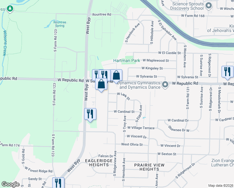 map of restaurants, bars, coffee shops, grocery stores, and more near 3954 West Lark Street in Springfield