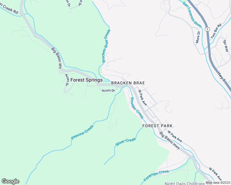 map of restaurants, bars, coffee shops, grocery stores, and more near 141 Acorn Drive in Boulder Creek