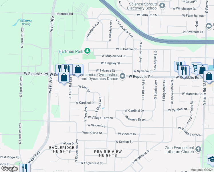 map of restaurants, bars, coffee shops, grocery stores, and more near 4289 South Hemlock Avenue in Springfield