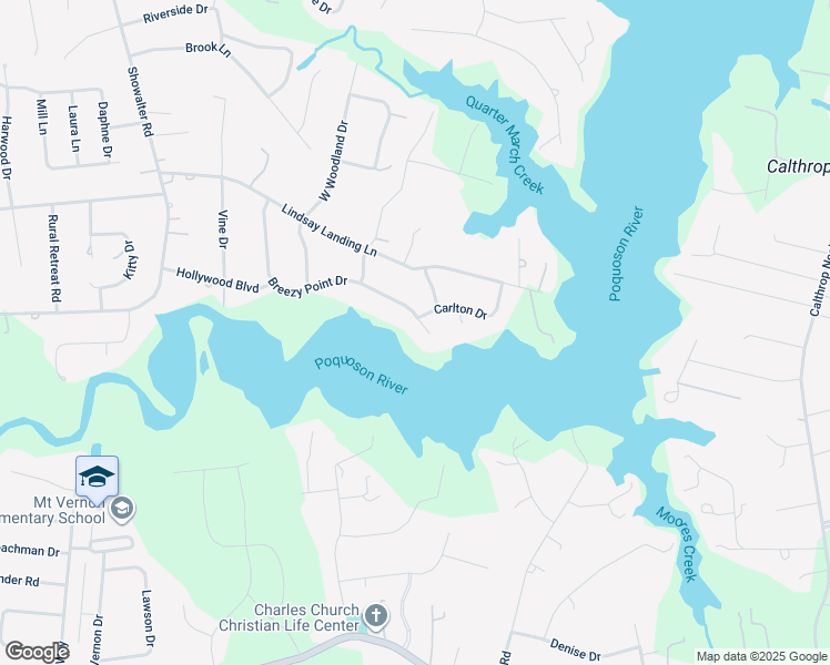 map of restaurants, bars, coffee shops, grocery stores, and more near 154 Breezy Point Drive in Yorktown