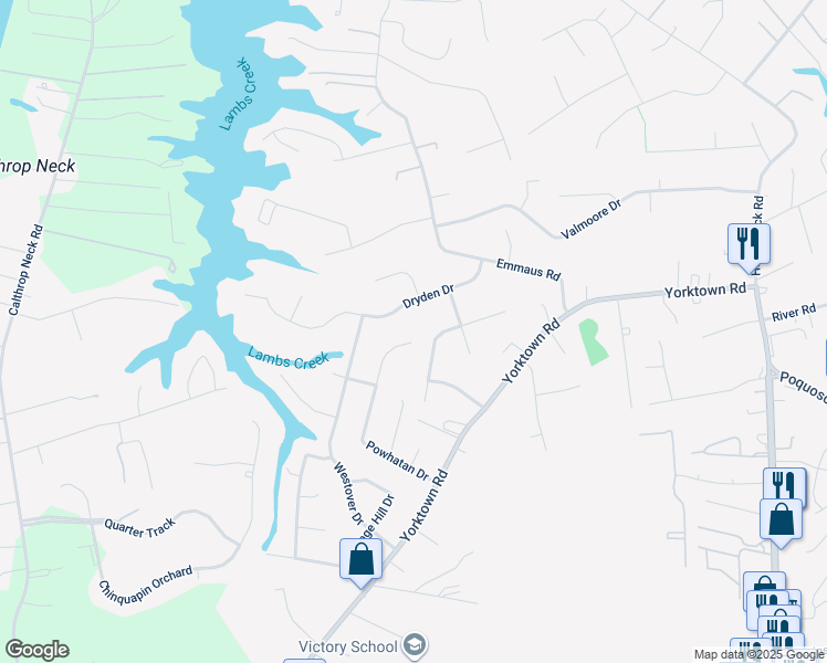map of restaurants, bars, coffee shops, grocery stores, and more near 327 Powhatan Drive in Poquoson