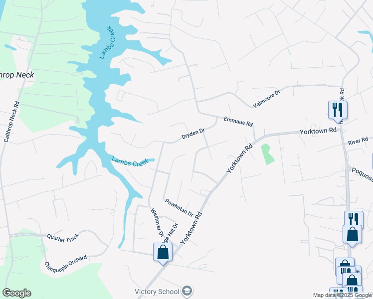 map of restaurants, bars, coffee shops, grocery stores, and more near 327 Powhatan Drive in Poquoson