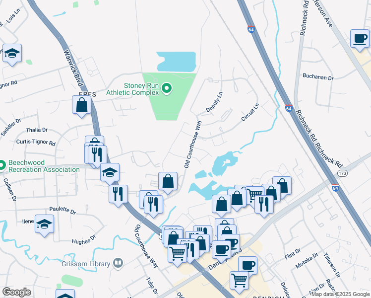 map of restaurants, bars, coffee shops, grocery stores, and more near 14563 Old Courthouse Way in Newport News