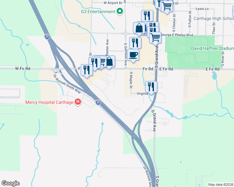 map of restaurants, bars, coffee shops, grocery stores, and more near 2953 South Maple Street in Carthage