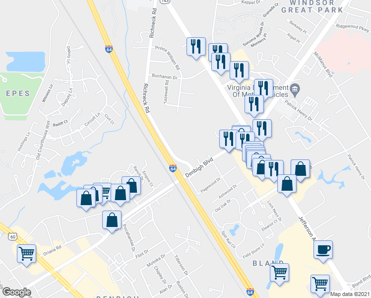 map of restaurants, bars, coffee shops, grocery stores, and more near 503 Dartmoor Drive in Newport News
