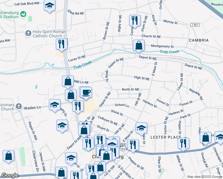 map of restaurants, bars, coffee shops, grocery stores, and more near Depot Street Northeast in Christiansburg