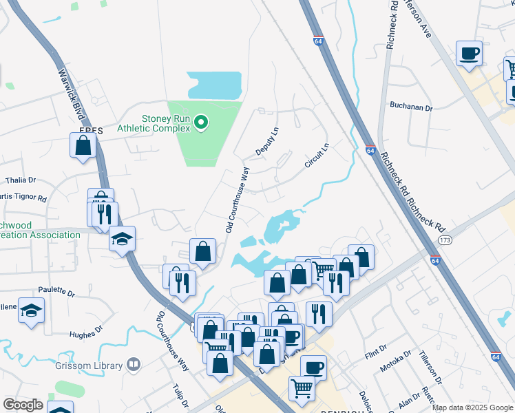 map of restaurants, bars, coffee shops, grocery stores, and more near 331 Advocate Court in Newport News