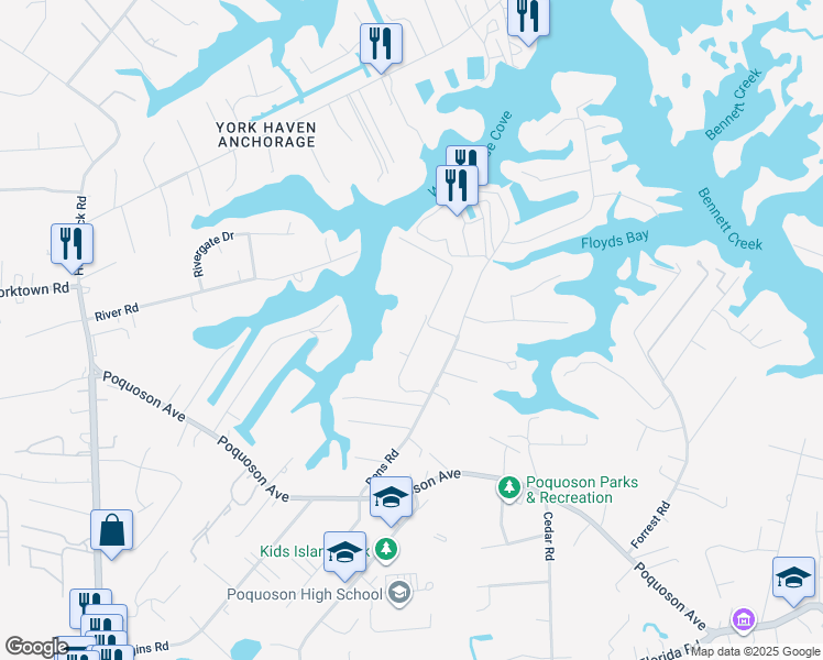 map of restaurants, bars, coffee shops, grocery stores, and more near 11 Crescent Point in Poquoson