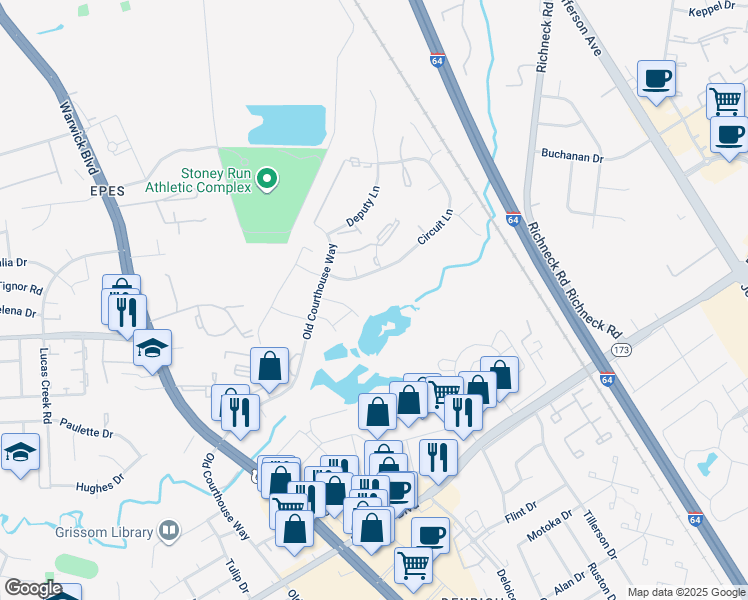 map of restaurants, bars, coffee shops, grocery stores, and more near 385 Circuit Lane in Newport News