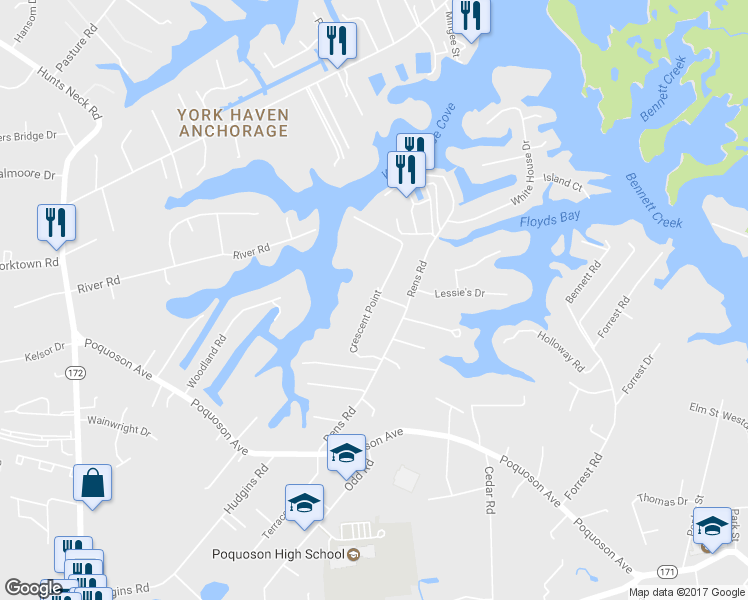 map of restaurants, bars, coffee shops, grocery stores, and more near 11 Crescent Point in Poquoson
