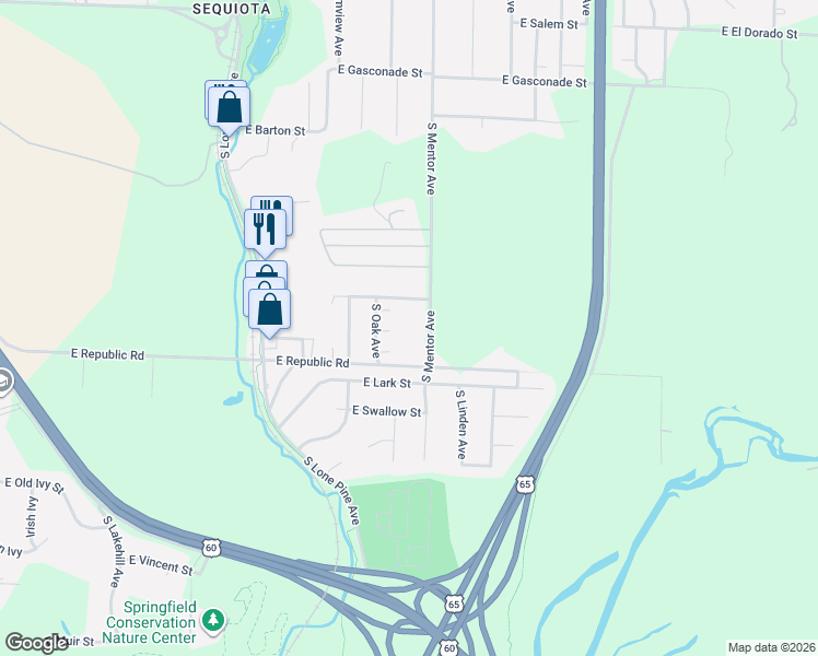 map of restaurants, bars, coffee shops, grocery stores, and more near 3121 East Jewell Street in Springfield