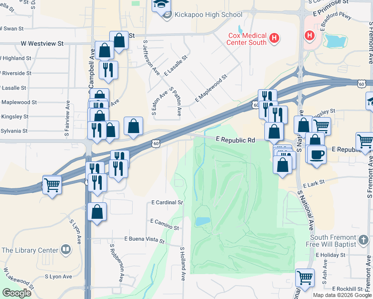 map of restaurants, bars, coffee shops, grocery stores, and more near 4218 South Kimbrough Avenue in Springfield