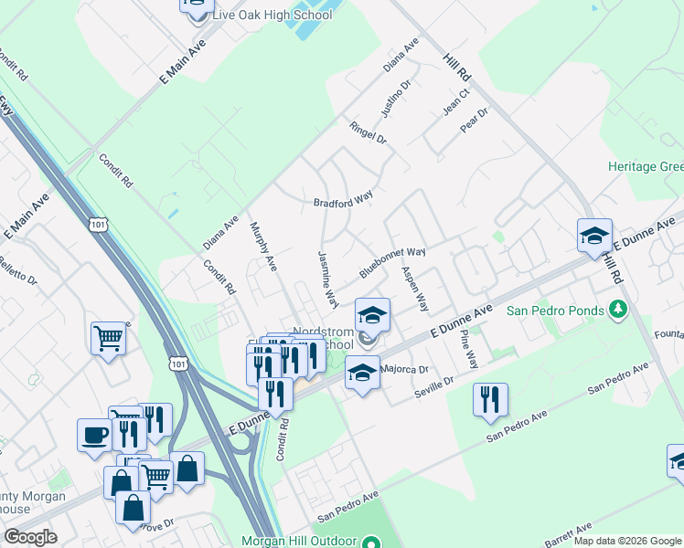 map of restaurants, bars, coffee shops, grocery stores, and more near 1430 Bluebonnet Way in Morgan Hill