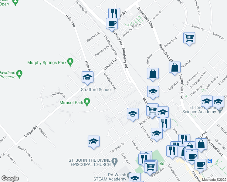 map of restaurants, bars, coffee shops, grocery stores, and more near 17905 Stoney Creek Way in Morgan Hill