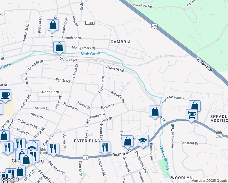 map of restaurants, bars, coffee shops, grocery stores, and more near 590 Republic Road in Christiansburg