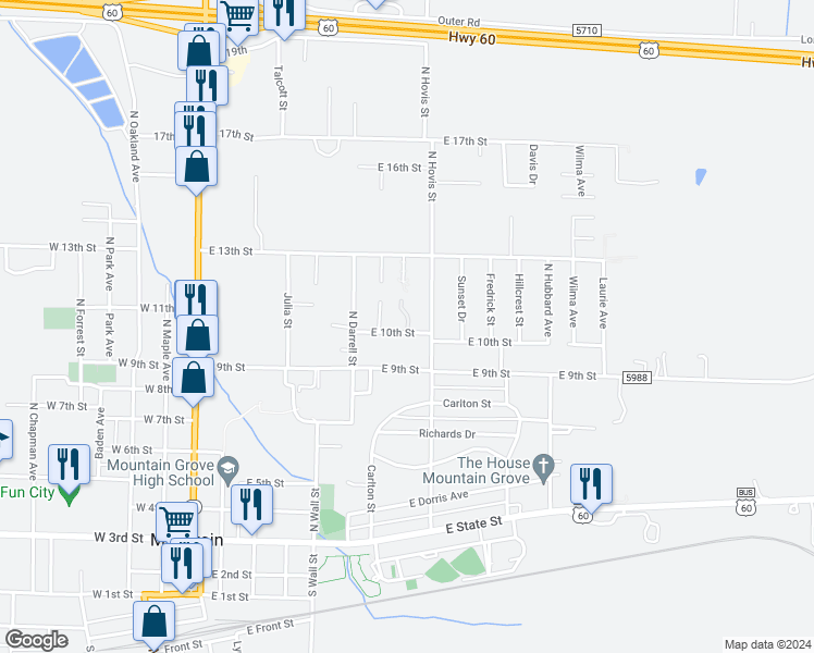 map of restaurants, bars, coffee shops, grocery stores, and more near 798 East 10th Street in Mountain Grove