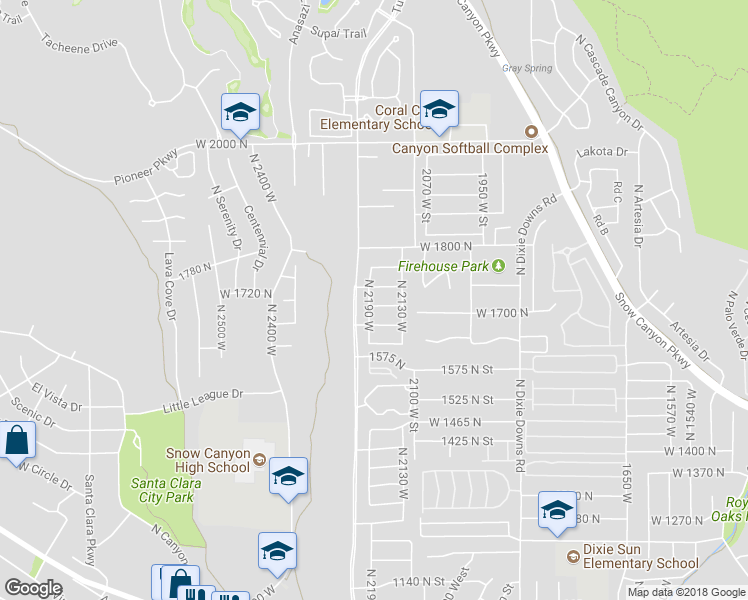 map of restaurants, bars, coffee shops, grocery stores, and more near 2184 West 1710 North in Saint George