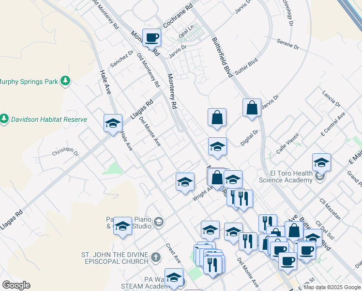 map of restaurants, bars, coffee shops, grocery stores, and more near 118 Banano Lane in Morgan Hill