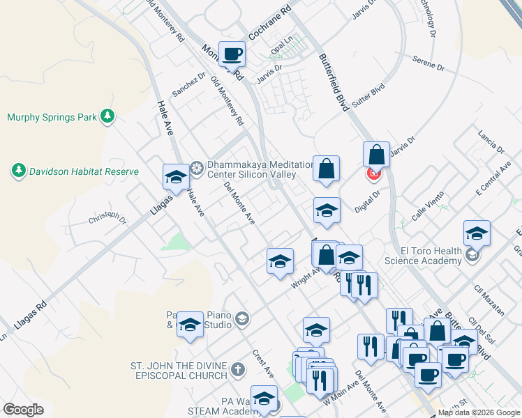 map of restaurants, bars, coffee shops, grocery stores, and more near 167 Banano Lane in Morgan Hill