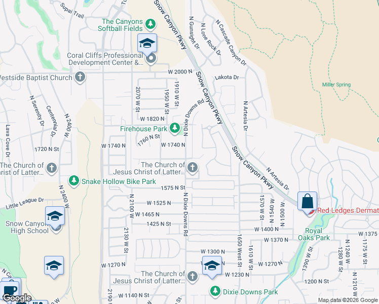map of restaurants, bars, coffee shops, grocery stores, and more near 1806 North Dixie Downs Road in St. George
