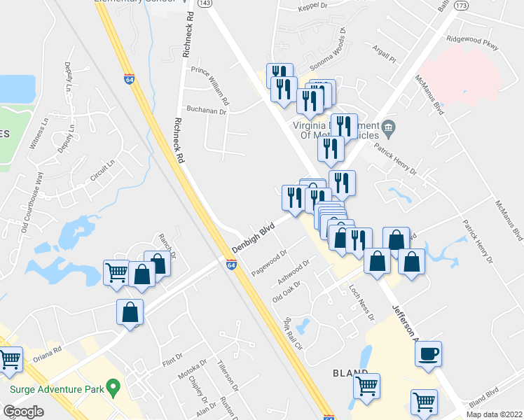 map of restaurants, bars, coffee shops, grocery stores, and more near 610 Moring Court in Newport News