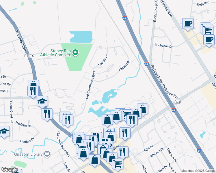 map of restaurants, bars, coffee shops, grocery stores, and more near 385 Circuit Lane in Newport News