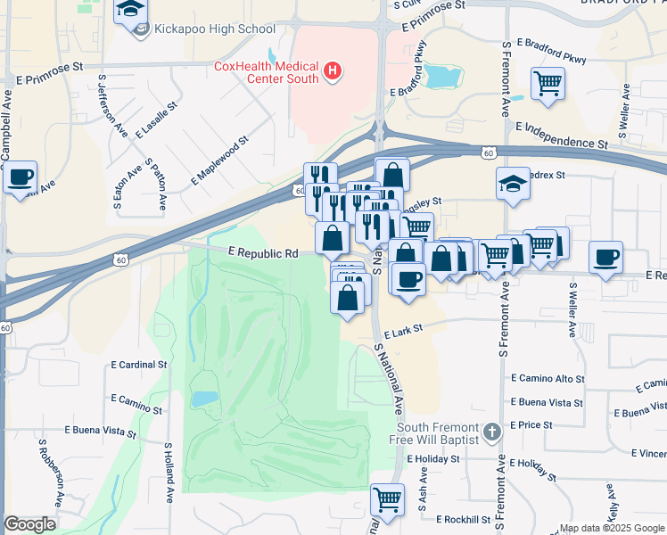 map of restaurants, bars, coffee shops, grocery stores, and more near 1110 East Republic Road in Springfield