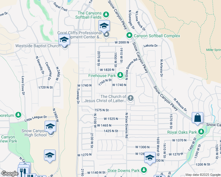 map of restaurants, bars, coffee shops, grocery stores, and more near 1999 West 1700 North in St. George