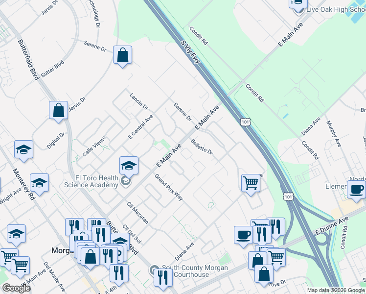 map of restaurants, bars, coffee shops, grocery stores, and more near 17505 Carriage Lamp Way in Morgan Hill