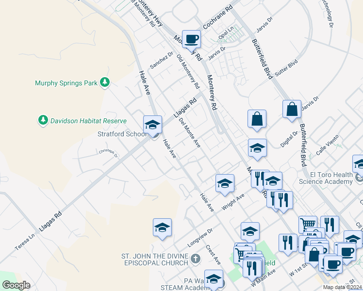 map of restaurants, bars, coffee shops, grocery stores, and more near 18204 Hale Avenue in Morgan Hill