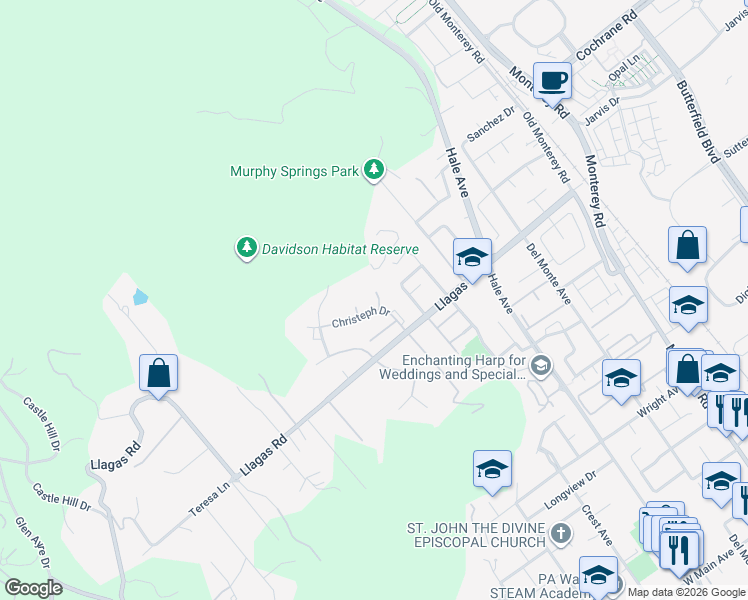 map of restaurants, bars, coffee shops, grocery stores, and more near 18327 Christeph Drive in Morgan Hill