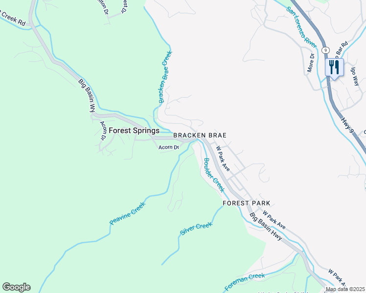 map of restaurants, bars, coffee shops, grocery stores, and more near 141 Acorn Drive in Boulder Creek
