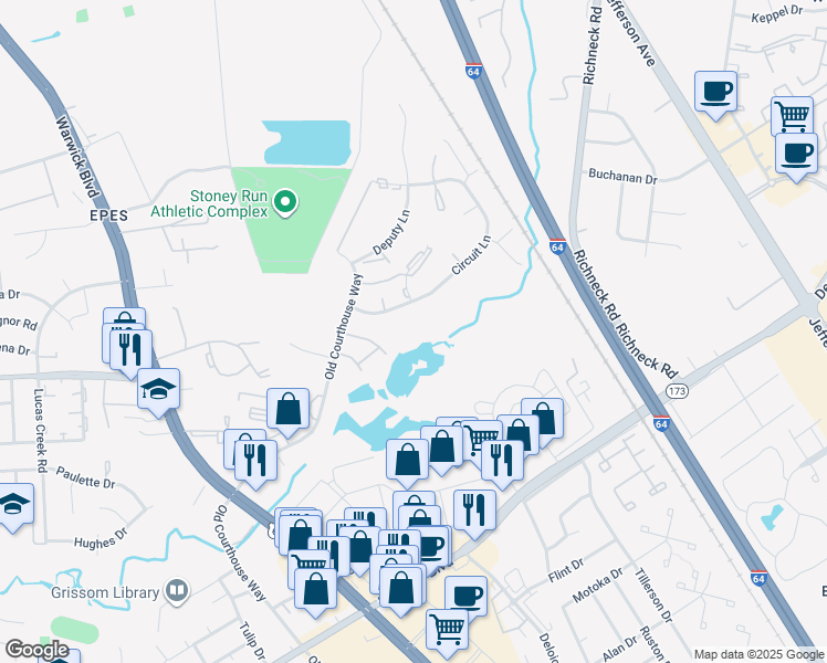 map of restaurants, bars, coffee shops, grocery stores, and more near 341 Advocate Court in Newport News