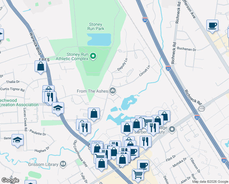 map of restaurants, bars, coffee shops, grocery stores, and more near 370 Advocate Court in Newport News