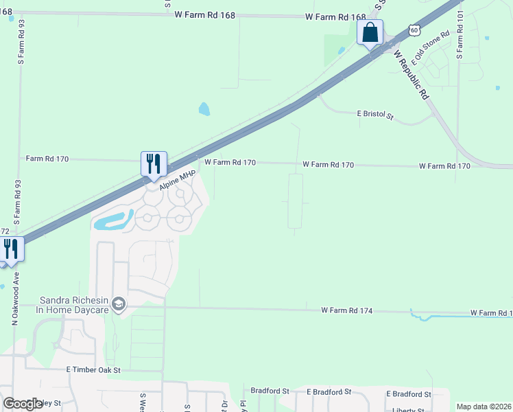 map of restaurants, bars, coffee shops, grocery stores, and more near East Peaceful Street in Republic