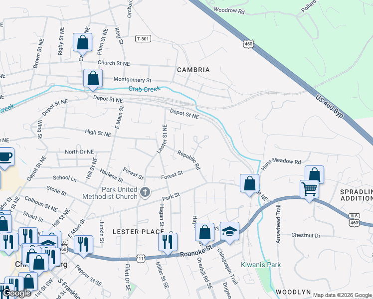 map of restaurants, bars, coffee shops, grocery stores, and more near 590 Republic Road in Christiansburg