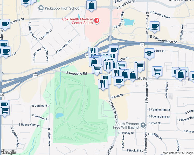 map of restaurants, bars, coffee shops, grocery stores, and more near 1110 East Republic Road in Springfield