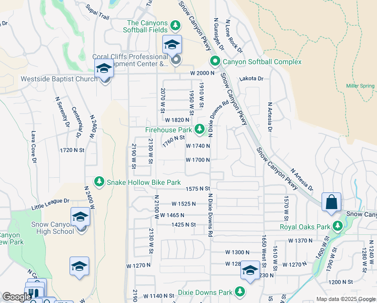 map of restaurants, bars, coffee shops, grocery stores, and more near 1708 North 1975 West in St. George