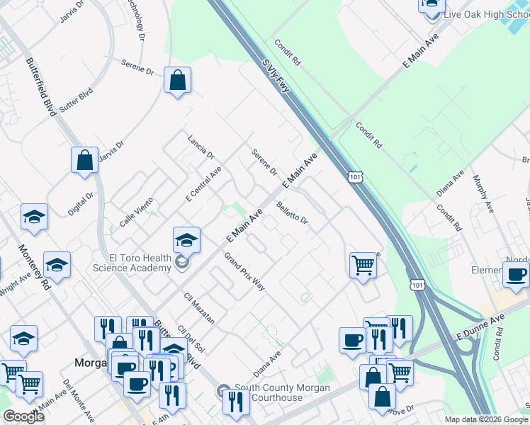 map of restaurants, bars, coffee shops, grocery stores, and more near 17505 Carriage Lamp Way in Morgan Hill