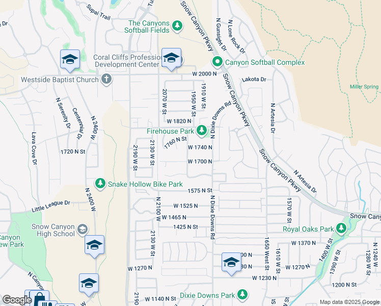 map of restaurants, bars, coffee shops, grocery stores, and more near 1708 North 1975 West in St. George