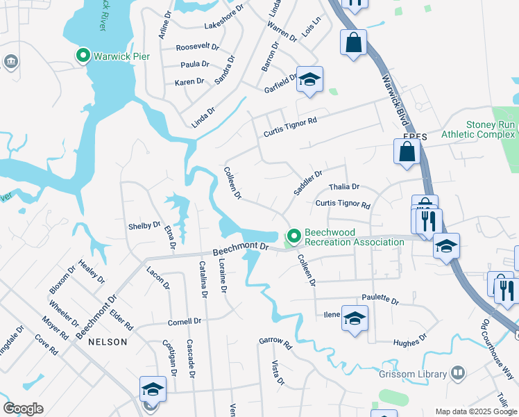 map of restaurants, bars, coffee shops, grocery stores, and more near 935 Colleen Drive in Newport News