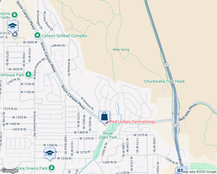 map of restaurants, bars, coffee shops, grocery stores, and more near 1753 North Primrose Drive in St. George