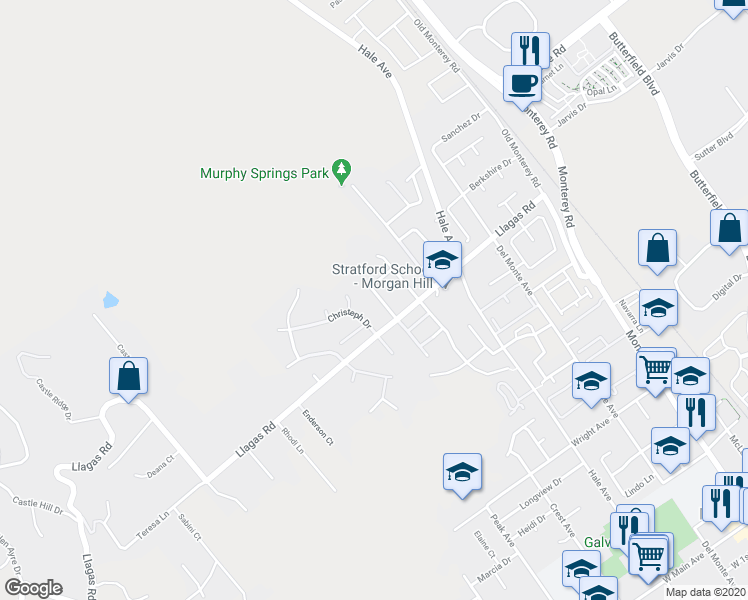 map of restaurants, bars, coffee shops, grocery stores, and more near 18353 Carriage Drive in Morgan Hill