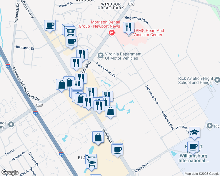map of restaurants, bars, coffee shops, grocery stores, and more near 12823 Daybreak Circle in Newport News