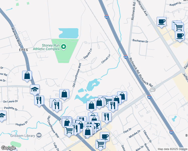 map of restaurants, bars, coffee shops, grocery stores, and more near 379 Circuit Lane in Newport News